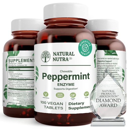 [BRSWGELRAR5RQCLZ] Natural Nutra Chewable Peppermint Digestive Enzyme Supplement, Help to Relieve Gas, Indigestion, and Other Digestive discomforts, Stomach Calmness, Papaya (Papain), Vegan and Vegetarian, 100 Tablets