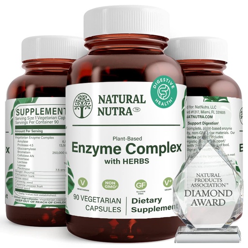[BRSWKHQ6DJ7RG3L2] Natural Nutra Plant-Based Digestive Enzyme Complex with Herbal Ingredients | Ginger, Fennel & Cinnamon | Vegan Capsules | 90 Count