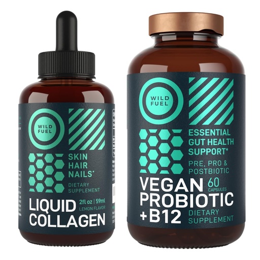 [BRSROCAPO4GR6FDB] WILD FUEL Vegan Probiotic Plus B12 and Liquid Collagen Peptides with Biotin Wellness Bundle