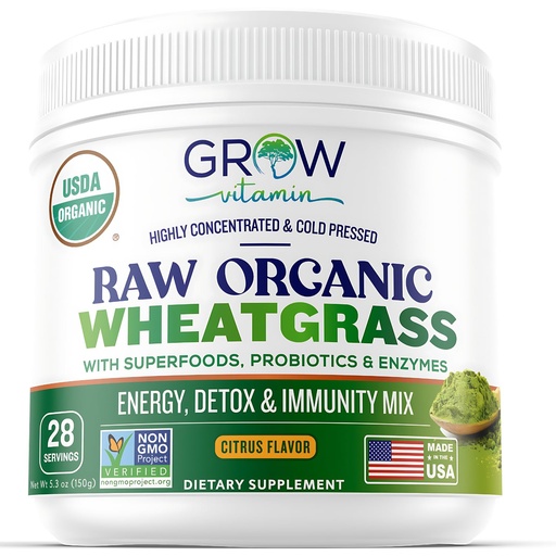 [BRSRMCQYOACWA33D] Organic Raw Wheatgrass Juice Powder - USDA Certified Organic Wheatgrass Powder w/Chlorophyll, Trace Minerals & Natural Enzymes - Ultra-Concentrated - Citrus Flavor - (28 Servings)