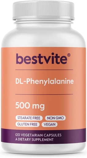 BESTVITE DL-Phenylalanine 500mg (120 Vegetarian Capsules) - No Stearates - No Fillers - Vegan - Gluten Free - Non GMO
