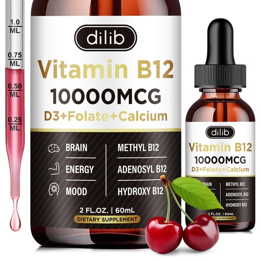 [BRSRAEIDDF4GY332] Vitamin B12 Complex 10000 mcg | Triple Liquid B-12 Drops Sublingual Supplement | Methylcobalamin & Adenosylcobalamin & Hydroxo Blend for Long-Lasting Energy and Healthy Metabolism Cherry Flavor, New