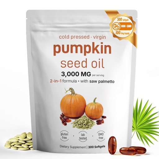 [BRSRGYAOB4BQEE3P] Pumpkin Seed Oil with Saw Palmetto - Cold-Pressed Softgels for Hair Growth & Prostate Support - Organic Supplement for Men & Women, Non-GMO, 300 Softgels