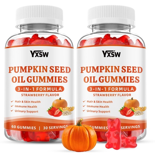[BRSREAQKORYRACQY] Pumpkin Seed Oil Gummies with Saw Palmetto, Organic Pumpkin Seed Oil Supplement for Hair Growth & Skin Health, Prostate Health, High Pure Extract for Women Men, Strawberry Flavor, 120 Count
