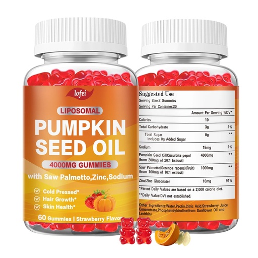 [BRSRGEINC4PRY3DA] Lofei Pumpkin Seed Oil Gummies 4000mg,Pumpkin Seed Oil with Saw Palmetto Supplement for Hair Growth,Prostate &Skin Health,Cold Pressed,Sugar Free,Strawberry Flavor, 60 Gummies