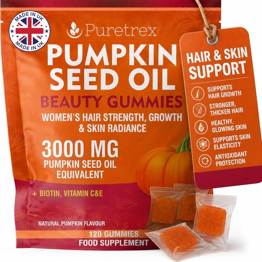 [BRSRG2YTOB6REF3X] Pumpkin Seed Oil Beauty Gummies, Women's Hair Strength, Growth & Skin Radiance, 120 Count, with Saw Palmetto, Biotin, Vitamins C&E, Natural Pumpkin Flavor
