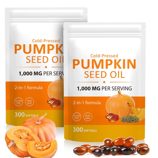 [BRSREFL2AEJQO2Q3] 2 Pack Pumpkin Seed Oil, Cold Pressed, Supports Hair, Urinary, 1000mg Per Serving, 600 Softgels