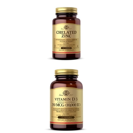[BRSW2AD6CF7GY2DA] Solgar Chelated Zinc, 100 Tablets - Zinc for Healthy Skin + Solgar Vitamin D3 (Cholecalciferol) 250 MCG (10,000 IU), 120 Softgels - Immune System Support