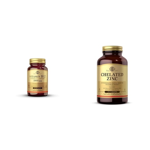 [BRSROAINOVYWMHTK] SOLGAR Vitamin B12 1000 mcg, 250 Nuggets & Chelated Zinc, 250 Tablets - Zinc for Healthy Skin