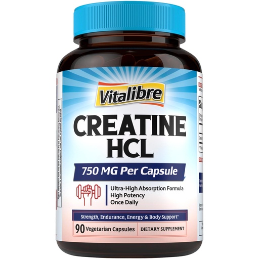[BRSREFIKA5YBY23P] Vitalibre Creatine HCl Capsule, 750mg High Absorption Creatine Hydrochloride, Endurance, Strength, Fast Absorbing, No Load, No Bloat, Monohydrate Micronized Alternative, Once Daily, 90 Capsules
