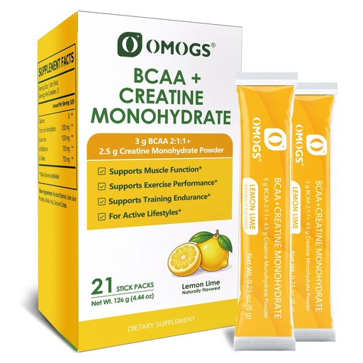 [BRSRGFAECACRYCTX] OMOGS Creatine + BCAA Powder, Creatine Monohydrate, Support for Muscles, Exercise Endurance & Recovery, for Women & Men, Lemon Lime Naturally Flavored