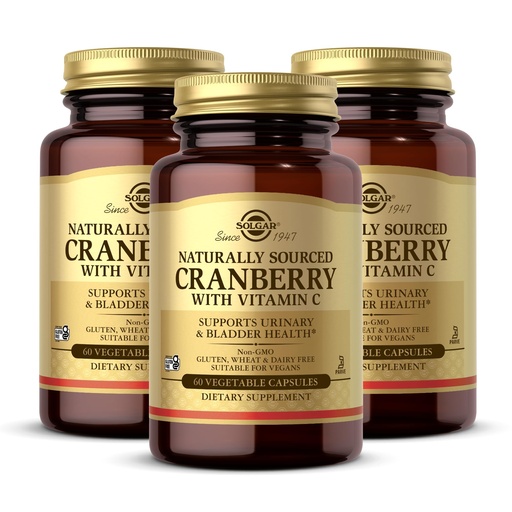 [BRSWIZ32C4GGAYD4] Solgar Cranberry with Vitamin C - 60 Vegetable Capsules, Pack of 3 - Supports Urinary & Bladder Health - Non-GMO, Vegan, Kosher, Gluten Free - 180 Total Servings