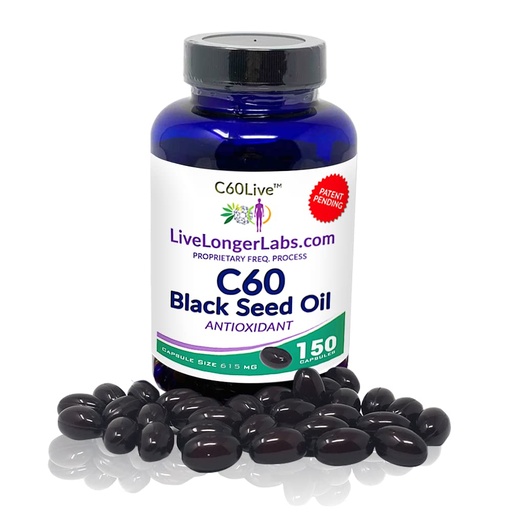 [BRSW2HYRCUNAI2DH] Carbon 60 (Fullerene) with Black Seed Oil - Antioxidant Supplement- All Natural Ingredients - 150 Gel Capsules