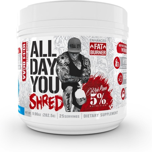 [BRSW2AQ7CMDQYCLB] 5% Nutrición Rich Piana AllDayYou Shred BCAA Powder ← Suplemento de Aminoácidos para la pérdida de peso ← Elite Fat Burning Pre Workout for Energy, Hydration, Endurance & Recovery (Blueberry Lemonade)