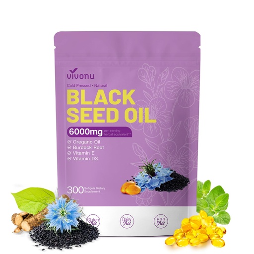 [BRSREBA2DIMQKYL6] VivoNu Black Seed Oil Capsules, Black Seed Oil Organic Cold Pressed, 6000mg, 300 Count | 9-in-1 Formula with Oil of Oregano, Burdock Root, TQ & THQ, Vitamin E&D3 | Non-GMO, Immune Support