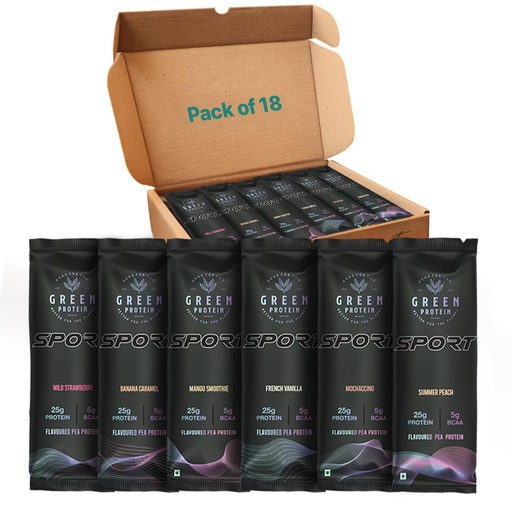 [BRSRMAL2DN5BYCD6] GreenProtein | Sport Pea Protein Isolate Powder, Dairy, Gluten, Allergen, Soy Free 6 Flavors x 3 Sachets 100% Vegan Plant Protein (Sport Multi Pack of 18)