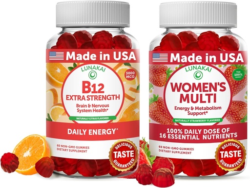 [BRSRMGQTCB6BYEL2] Lunakai Vitamin B12 and Women's Multivitamin Gummies Bundle - 3000mcg Methylcobalamin High Absorption Energy Gummy - 100% Daily Value of 16 Essential Vitamins and Minerals Supplement - 30 Days Supply