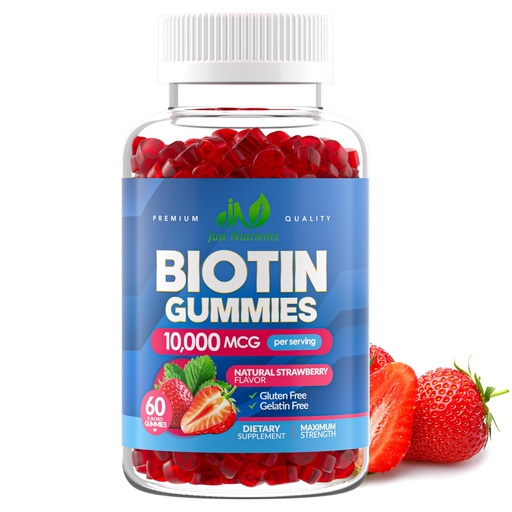 [BRSRAAIKCN4AEC33] Biotin 10,000mcg Gummies for Hair Growth, Skin & Nails - 2x Maximum Strength Biotin Vitamins for Women & Men - Gluten-Free, Vegan, Non-GMO, Great Tasting Strawberry Flavor - 60 Gummies (1 Month)