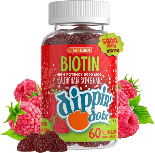[BRSWYGATAACRQ3I7] Vital+Boon - Extra Strength Biotin 5000mcg (60 Gummies) Healthy Hair, Skin & Nails | High Potency Biotin in Delicious Very Berry Raspberry Natural Fruit Pectin Chews | Vegan, Non-GMO Gluten Free