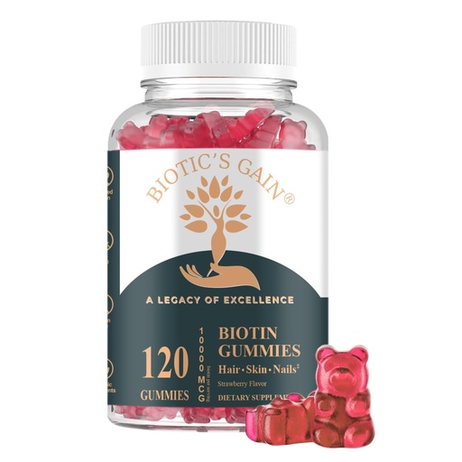 [BRSRAAIQABYREDTG] Biotic's Gain Biotin Gummies, 10000 mcg, Hair Skin and Nail Support, with Vitamins A C D E B6 B12 and Zinc, Vegan, Sugar Free, 120 Count