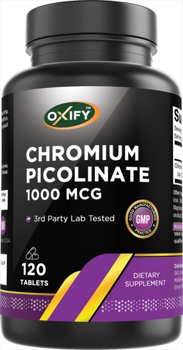 [BRSREAT5O4PQ4ETL] Oxify Chromium Picolinate 1000 mcg | 120 Tablets | Gluten-Free, Non-GMO | Supplement Made in USA
