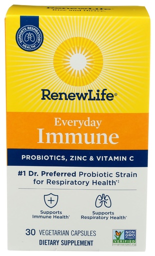 [BRSWYC37CBYRUALZ] Renew Life Probiotic Everyday Immune Capsules, Daily Supplement Supports Respiratory and Immune Health, L. Rhamnosus GG and B. lactis Bl-04, Dairy, Soy and gluten-free, 10 Billion CFU, 30 Count