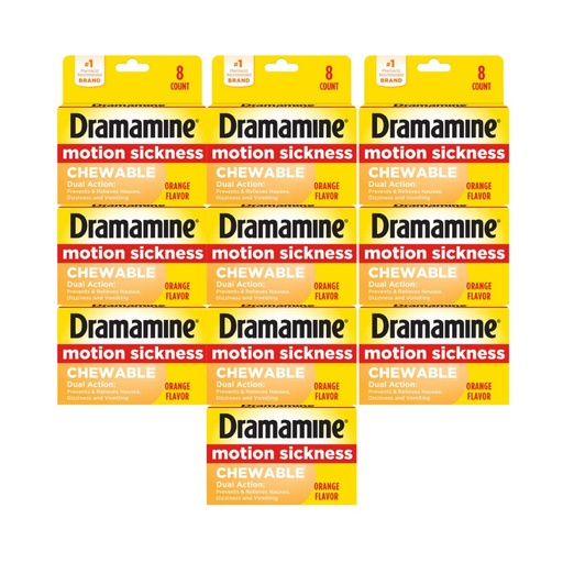 [BRSWKGYIBIHWEDY3] Dramamine Chewable Formula Motion Sickness Relief, 8 Orange Flavored Tablets Each (Value Pack of 10)