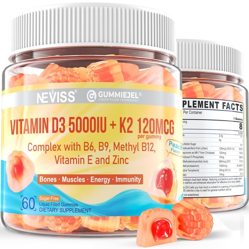 [BRSRAYI5BZ7RSYLA] Vitamin D3 5000IU + K2 (MK-7) 120mcg, Sugar-Free Vitamin D3 K2 Filled Gummies with Vitamin B Complex - Methyl B12, B9, B6 | Vitamin E & Zinc, MCT Oil - Supports Bone & Teeth Strength, Immune, 2PACK