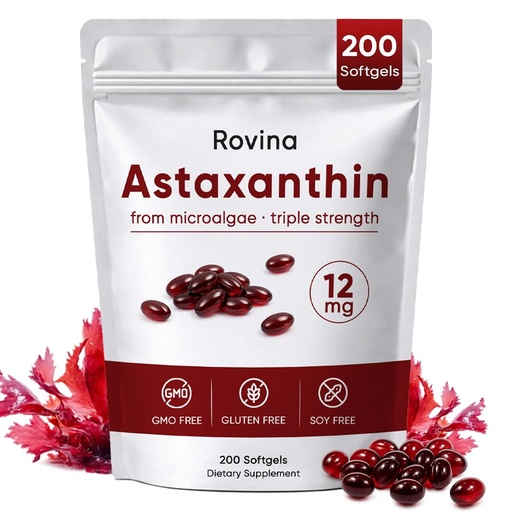 [BRSRGFA6BMPAYAY4] Rovina Astaxanthin 12mg Softgels - Premium Astaxanthin from Microalgae, Triple Strength, Immune Support - Non-GMO & Gluten Free 200 Softgels (1)