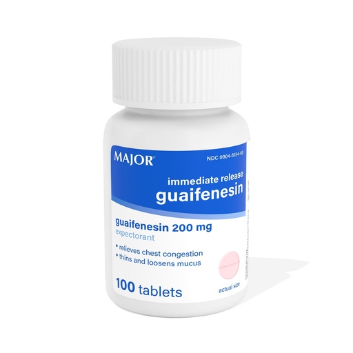 [BRSWIGYOBMGAG3LI] MAJOR Immediate Release Guaifenesin - Relieves Chest Congestion, Thins and Loosens Mucus - 200 mg - 100 Tablets (1 Pack)