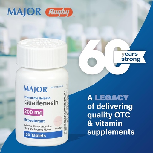 [BRSWIGYOBMGAG3LI] Major Immediate Release Guaifenesin - Relieves Chest Congestion, Thins and Loosens Mucus - 200 mg - 100 Tablets