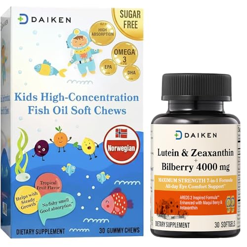 [BRSRGCYNCUCAE3DU] DAIKEN Bundle: Kids Fish Oil Omega-3 Gummies 300mg DHA/EPA w/Vitamin D3, Norwegian Sourced & Lutein Zeaxanthin Supplement, Plant-Based Formula w/Astaxanthin, Maqui Berry & Bilberry, 30ct + 30 Softgel