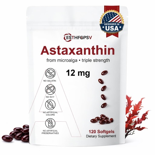 [BRSRGCADCV4AYE33] Premium Astaxanthin 12mg Antioxidant Supplement with Vitamin E – 120 Softgels, 4 Month Supply, Microalgae Source, Supports Skin, Eye & Joint Health, Non-GMO, Gluten & Soy Free