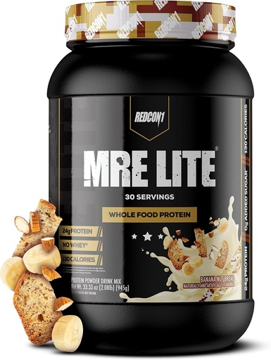 [BRSWGEDRPIOWCADB] REDCON1 MRE Lite All Food Protein Powder, Banana Nut Bread - Low Carb & Whey Free Meal Replacement with Animal Protein Blends - Easy to Digest Made with MCT Oils (30 porcións)