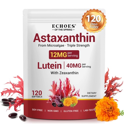 [BRSRGCTQOICWGHTP] KZUO Astaxanthin 12MG & Lutein 40MG with Zeaxanthin Supplements, Fresh Microalgae Source, Supports Eye, Skin, Antioxidant, Health Non-GMO Gluten Free, Lab-Tested - 120 Softgels