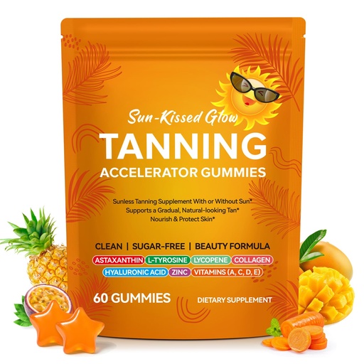[BRSRGCQZCUIQEDL2] Tanning Gummies with Astaxanthin, Lycopene, Beta Carotene, L-Tyrosine, Hyaluronic Acid, Natural Tanning Accelerator for Natural Glowing Bronzed Look, Hydration, Clean Formula|60 Count