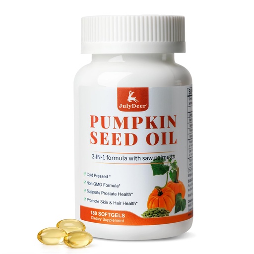 [BRSRGFAFOR7WGG3X] JulyDeer Pumpkin Seed Oil with Saw Palmetto 180 Softgels | Cold-Pressed with Essential Fatty Acids & Phytosterols | Supports Hair, Urinary, Bladder & Prostate Health | Non-GMO