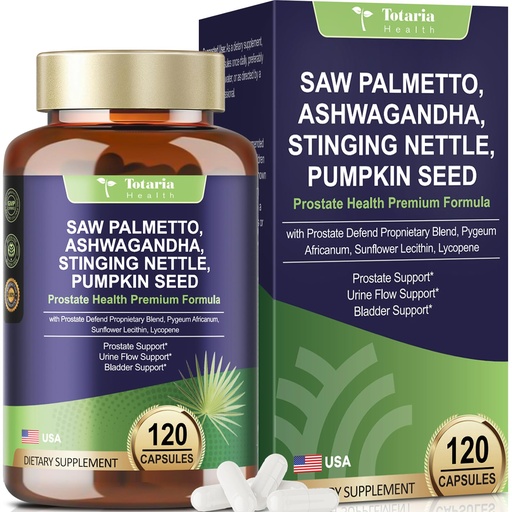 [BRSREYIDOB6B423L] Totaria Organic Saw Palmetto with Pumpkin Seed - Prostate Health Supplements with Ashwagandha Root, Stinging Nettle, Prostate Defend Propnietary Blend, DHT Blocker for Men & Women, 120 Count