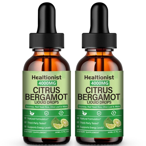 [BRSREHQPOAHGY33P] 2 Packs 4000mg Citrus Bergamot Liquid Drops - Cholesterol Lowering Supplement for Immune Support Anti-Aging, Hight Cholesterol - Soursop Bitters Liquid, High Absorption, 4 Fl Oz