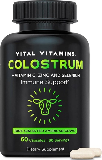 [BRSROAIPAUNGMETU] Vital Vitamins Colostrum Supplement - Vitamin C, Zinc, & Selenium - from First Milking - Standardized to Contain 10% IgG Immunoglobulins - Grass-Fed American Cows - 60 Capsules