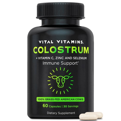 [BRSROAIPAUNGMETU] Vital Vitamins Colostrum Supplement - Vitamin C, Zinc, & Selenium - from First Milking - Standardized to Contain 10% IgG Immunoglobulins - Grass-Fed American Cows - 60 Capsules