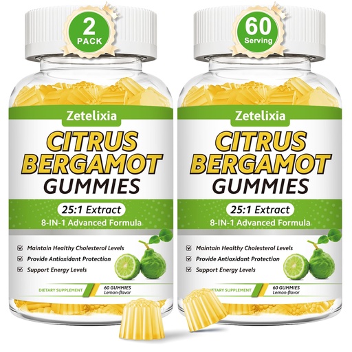 [BRSREYYPOQAQG3LX] 2 Pack Citrus Bergamot Gummies, Citrus Bergamot Supplement for High Cholesterol, Cholesterol Lowering Supplement for Heart, Immune System & Healthy Aging Support, Sugar Free, Lemon Flavor, 120 Cts