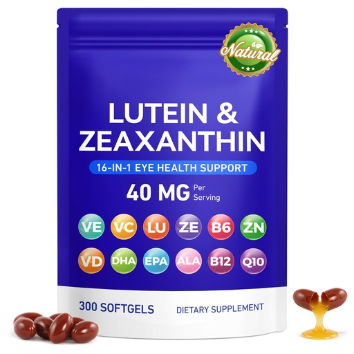 [BRSRGCYHDEOWCFI2] Lutein and Zeaxanthin Supplement, 16 in 1 Eye Vitamins Softgels with 40mg Lutein & Zeaxanthin, 300ct Enriched with Vitamins B6 B12 C D3, Zinc & Omega-3s for Eye Health Support Non-GMO Gluten-Free