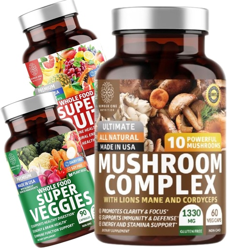 [BRSRAHQ5OEHWO33F] Number One Nutrition N1N Premium Mushroom Complex [10 Powerful Mushrooms] and Super Fruits & Veggies [40 Whole Fruits & Vegetables], 2 Pack Bundle