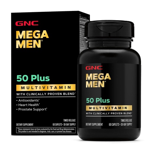 [BRSRAYIEPMCW2G3B] GNC Mega Men 50 Plus Multivitamin Caplets, Clinically Proven, Heart & Prostate Health, B Vitamins, Saw Palmetto, Memory, Vitamin D-3, 60 Count