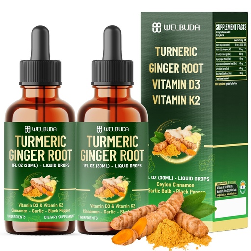 [BRSRE2Y6CV4G2ALO] 7in1 Liquid Turmeric Curcumin with Vitamin D3, Vitamin K2, Ginger, Ceylon Cinnamon, Garlic, Black Pepper - Drops Extract - 2 Packs of 30ml - 2 Month Supply