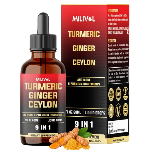 [BRSRACY7AUIREF3D] 9in1 Liquid Turmeric Curcumin with Ginger, Berberine, Ceylon, Garlic, Black Pepper for Joint Support - 2FL Oz - 60 Servings