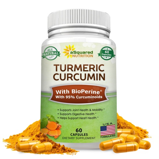 [BRSRACQBO4HWE2AZ] aSquared Nutrition Turmeric Curcumin 1300mg with BioPerine Black Pepper Extract Supplement - 60 Capsules - with 95% Curcuminoids - Natural Tumeric Root Powder Joint Pills