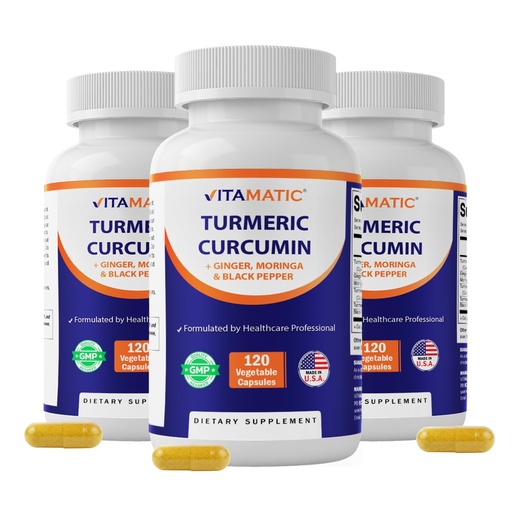 [BRSREEI2BUMQMYDJ] Vitamatic Turmeric Curcumin Supplement – Plant-Based Botanical Extract with Black Pepper, Ginger & Moringa – Vegetarian, Non-GMO, Gluten-Free – 120 Capsules - 3 Pack (360 Capsules)