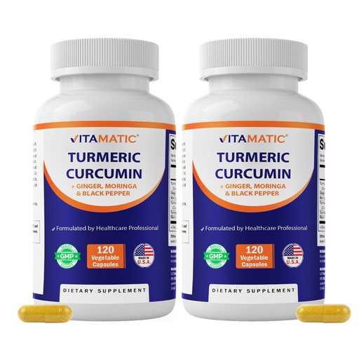 [BRSRACQOCR6RYYIY] Vitamatic Turmeric Curcumin Supplement – Plant-Based Botanical Extract with Black Pepper, Ginger & Moringa – Vegetarian, Non-GMO, Gluten-Free – 120 Capsules - 2 Pack (240 Capsules)